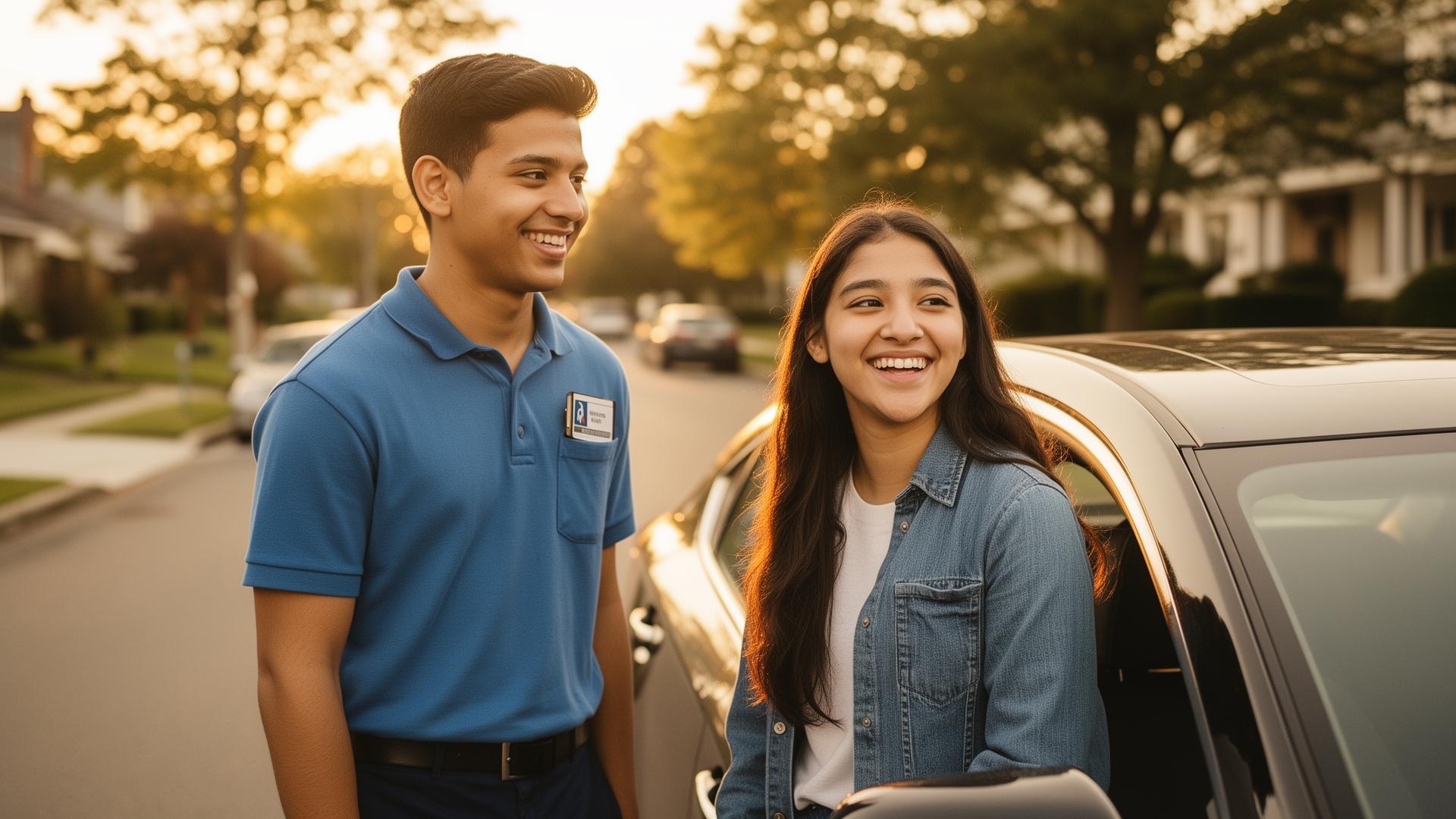 Instructor bilingüe con una estudiante junto a un auto en Brentwood, NY